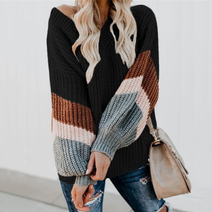 V Neck Striped Patchwork Sleeve Knit Sweater Women Loose Pullover Fall Sweaters Fashion New