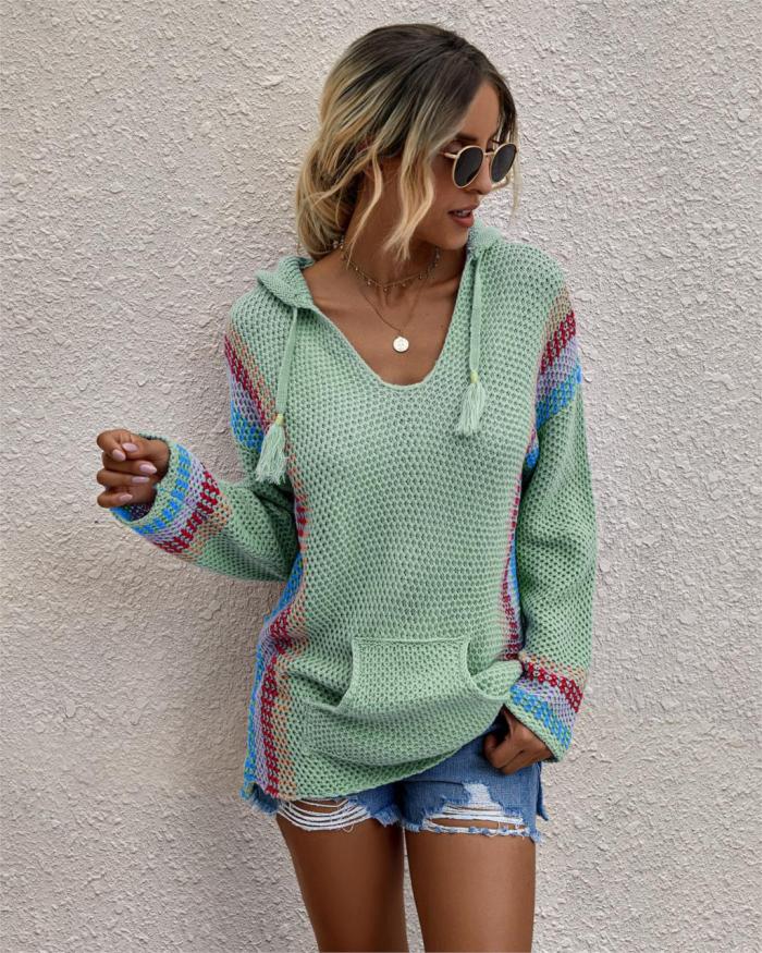 New Autumn Color Block Hooded Long Sleeve Pullover Loose Fashion Woman Loose Pockets Sweater