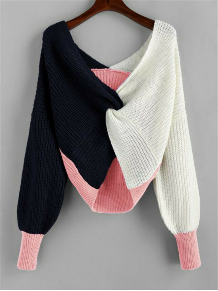 Fashion Women Blouse Sexy Color Block Sweater Loose Tops Casual Long Sleeve Pullover Jumper Knit Blouse Streetwear