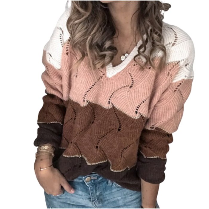 New Arrival V-Neck Color Matching Female Pullovers And Sweaters