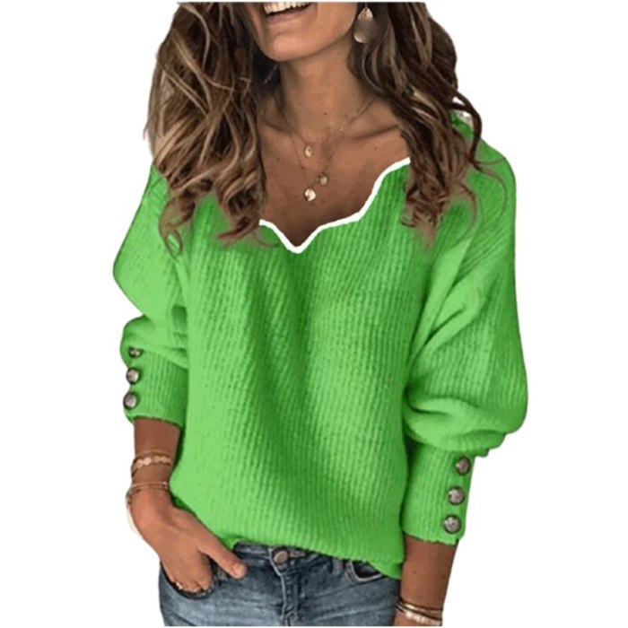 Casual Knitting Autumn New Solid Color Pullover Jumper With Buttons