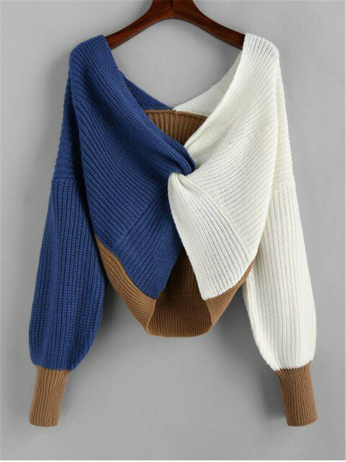 Fashion Women Blouse Sexy Color Block Sweater Loose Tops Casual Long Sleeve Pullover Jumper Knit Blouse Streetwear