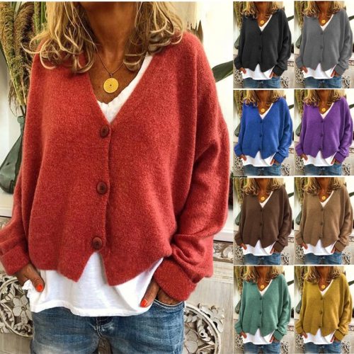 Loose Knitted  Autumn Long Sleeve V Neck Button Up Cardigan Knit