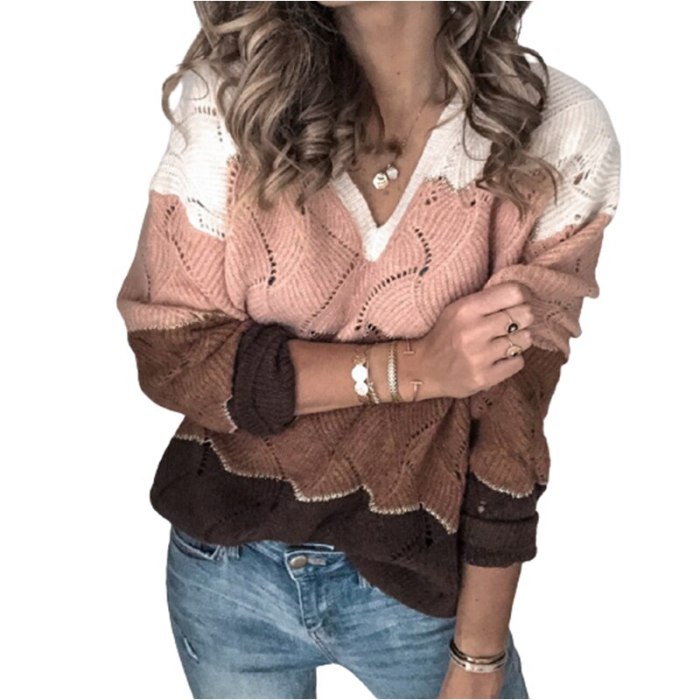 New Arrival V-Neck Color Matching Female Pullovers And Sweaters