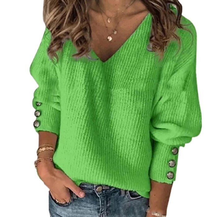 V-Neck Knitted Sweater Pullovers Women  Buttoned Jumper Sweaters