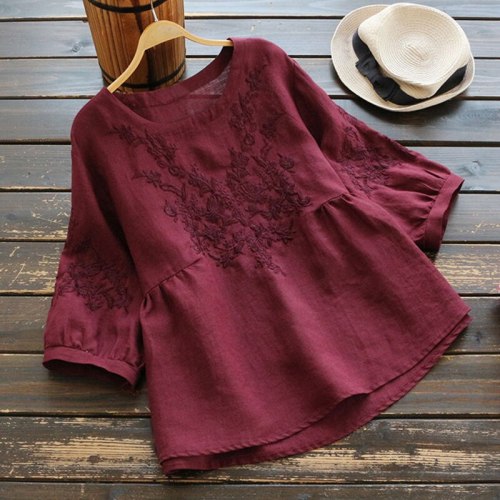 Simple Embroidery Blouse Women  Loose  Tops
