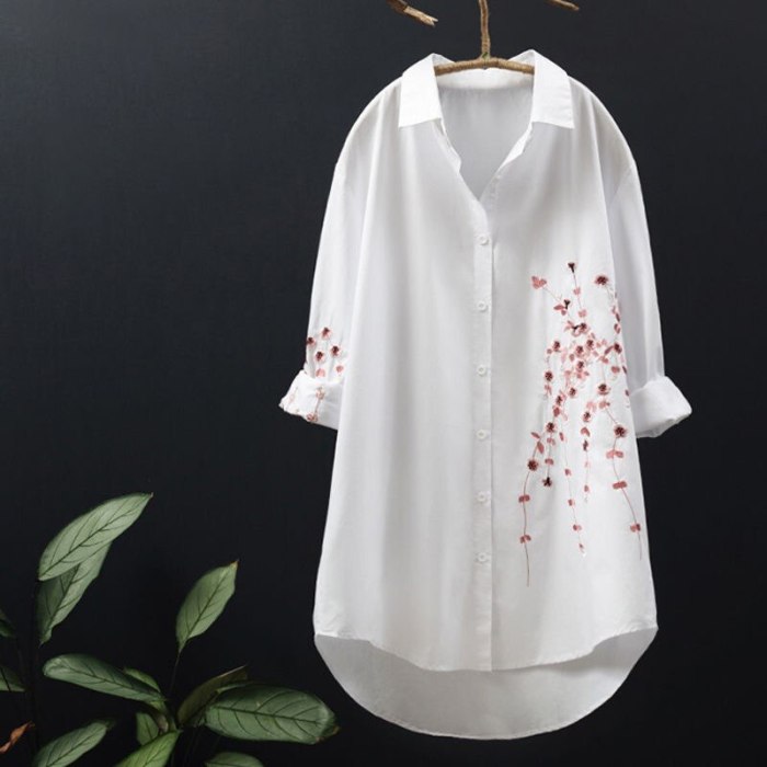 Embroidery Women Loose Long White Shirts