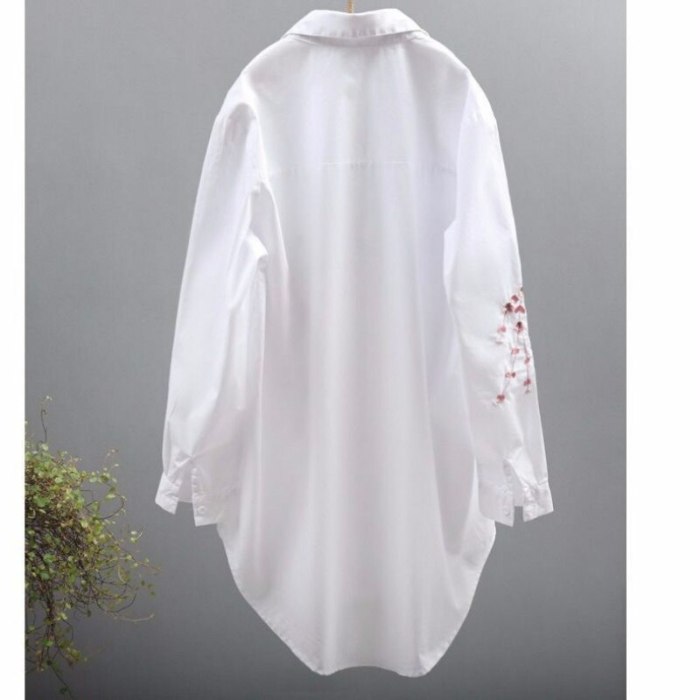 Embroidery Women Loose Long White Shirts