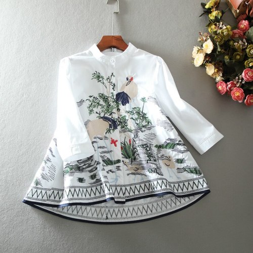 Embroidery Vintage Shirt Female Casual Loose Cotton Tops