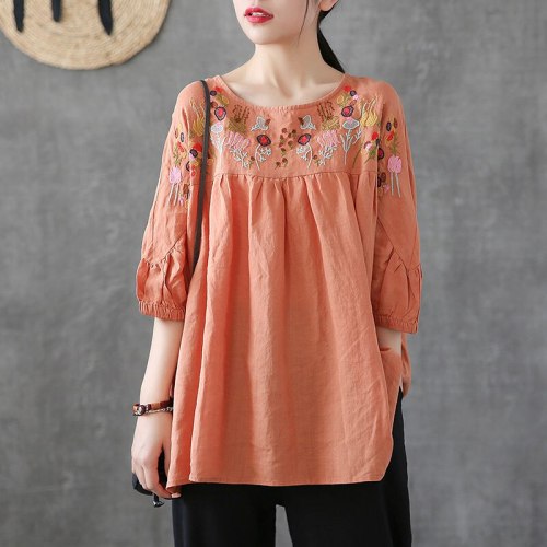 Vintage Floral Embroidery Women Loose Blouse