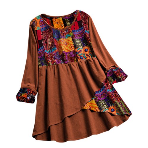 Women Vintage Ethnic Floral Print Patchwork Casual Tops