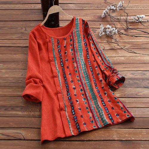 Ethnic Print Women Button Corduroy Patchwork Casual Tops