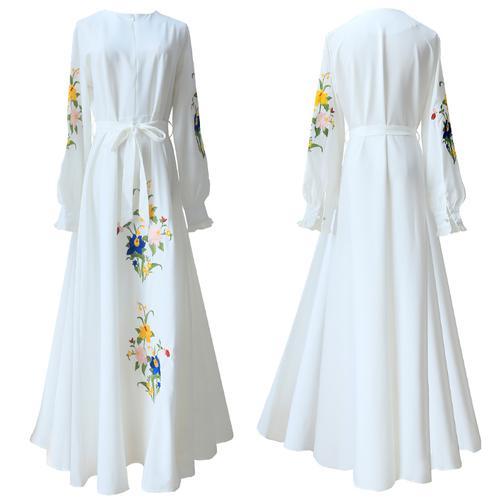 Autumn Women Ethnic Style Vintage Robe Fashion Embroidery Slim A-line Party Dresses