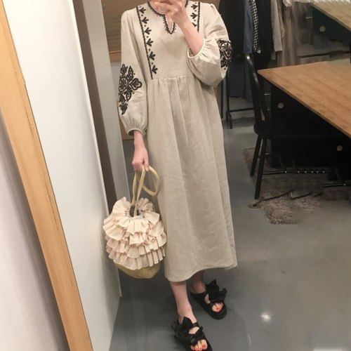 Embroidery Vintage Women Maxi Dress Long Sleeves V Neck Casual Loose Fashon Spring Summer Dresses Chic Vestidos