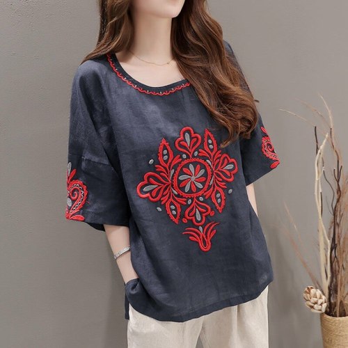 Linen Cotton Embroidery Sleeve Female Casual Top