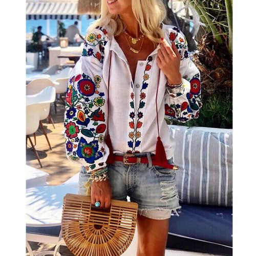 Women Lantern Sleeve Floral Ethnic style Embroidered  Tops