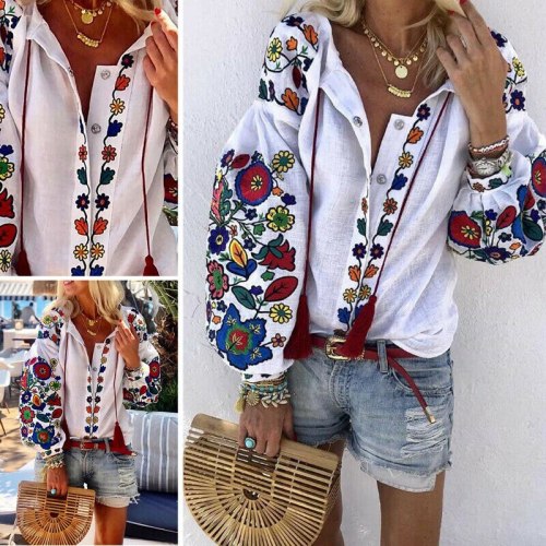 Women Lantern Sleeve Floral Ethnic Embroidered Shirts