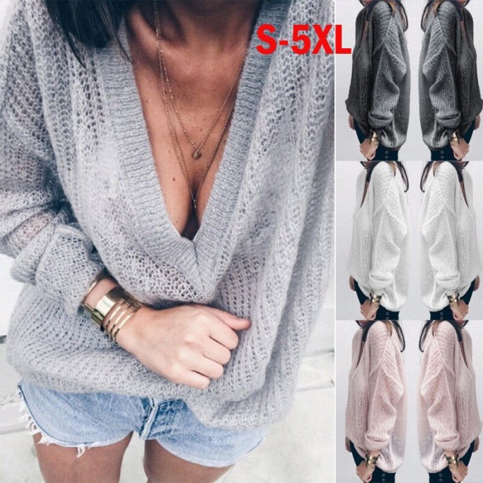 Baggy Knitted Woman  Long Sleeve Solid Color Sweaters