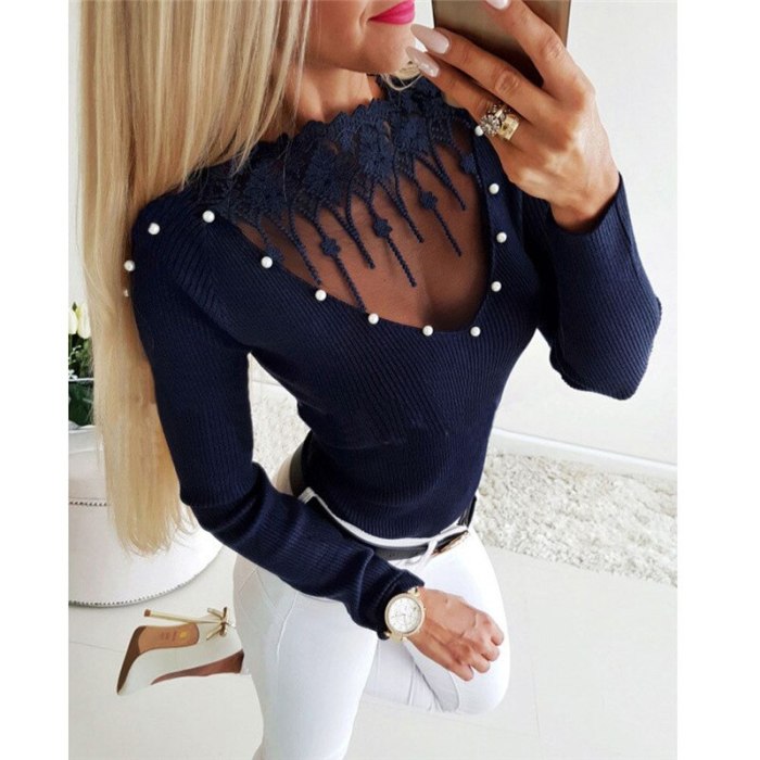 Fashion Women Lace Patchwork Knitted Sweater