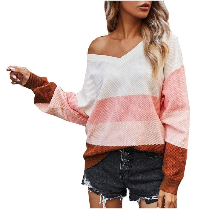 Stripe Woman Sweaters Casual Long Sleeve V Neck Color Block Sweater Matching Tops