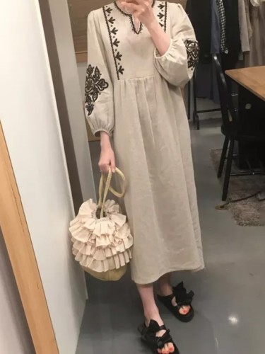 Embroidery Vintage Women Maxi Dress Long Sleeves V Neck Casual Loose Fashon Spring Summer Dresses Chic Vestidos