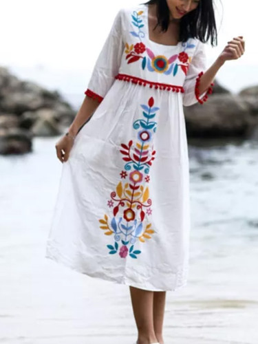 Vintage Chic Women Linen Cotton Floral Embroidery Loose Dress
