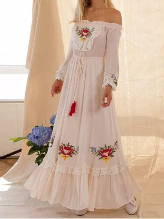 Floral Embroidered WhiteAutumn Women Tassel Lace Patched Ruffle Trim Belted Maxi Dress