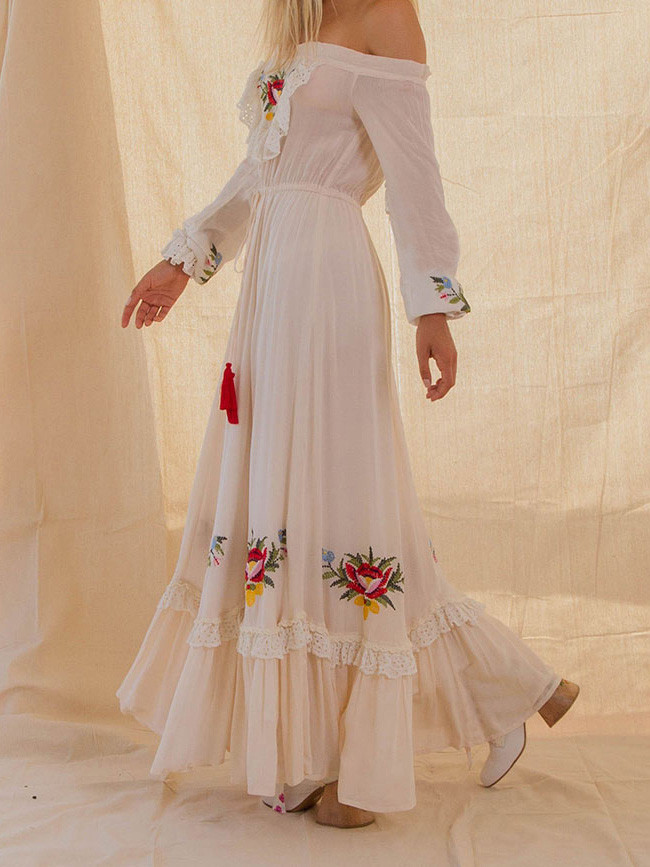 Floral Embroidered WhiteAutumn Women Tassel Lace Patched Ruffle Trim Belted Maxi Dress