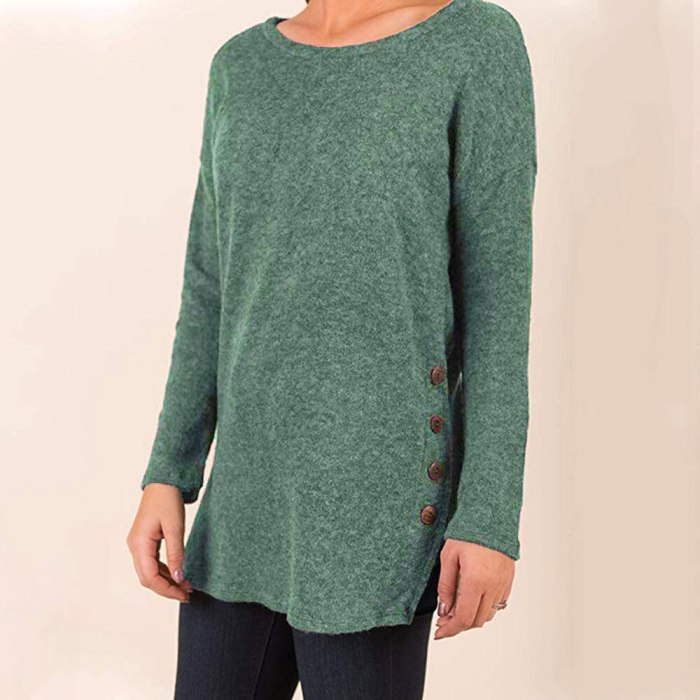 Women  Shirts Loose  Button Side Long Sleeve Sweater