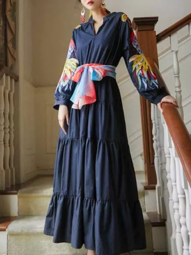 2020 Fashion V Neck Floral Print Bohemia Dress Autumn Ethnic Woman Long Sleeve Elegant Temperament Maxi Long Dresses