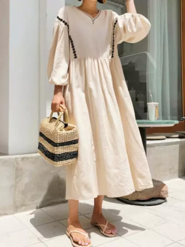 Vintage Puff Sleeve Embroidery Half Sleeve Dress Cotton Linen Dress