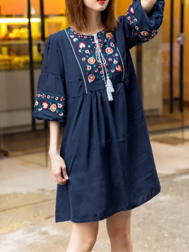 Women Vintage Floral Embroidery Dresses Bow Tie Lantern Long Sleeve Casual Loose Pleated Dresses