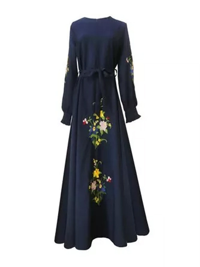 Autumn Women Ethnic Style Vintage Robe Fashion Embroidery Slim A-line Party Dresses