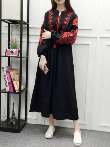 Loose Bohemia Embroidery Dresses Vintage Women Lantern Sleeve Floral Embroidered Line Cotton Dress
