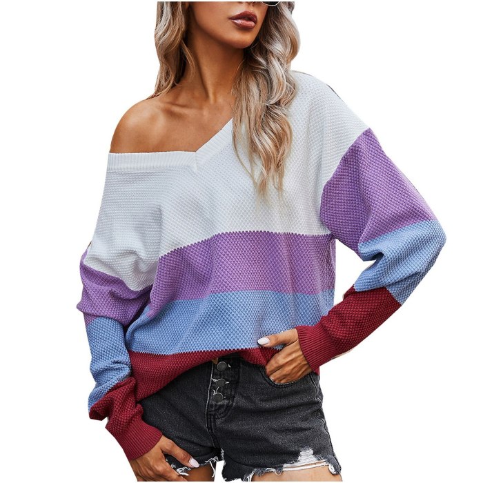 Stripe Woman Sweaters Casual Long Sleeve V Neck Color Block Sweater Matching Tops
