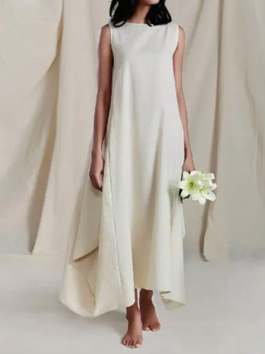 Fashion Cotton Linen Maxi Dress Casual Vestido Female Solid Robe