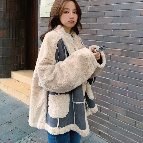 New Suede Stitching Lamb Hair Warm Fashion  Lapel Thick Loose Jacket