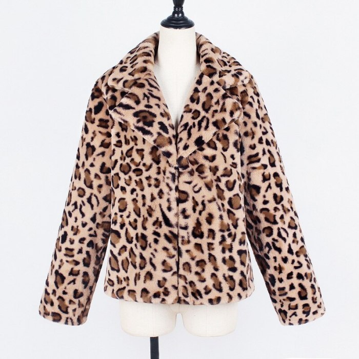 Leopard Printed Faux Fur Winter Coat Women Outerwear Warm