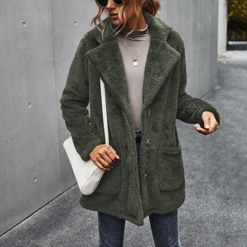 Women Solid Pocket Fleece Long Sleeves Cardigan Button Keep Warm Coat