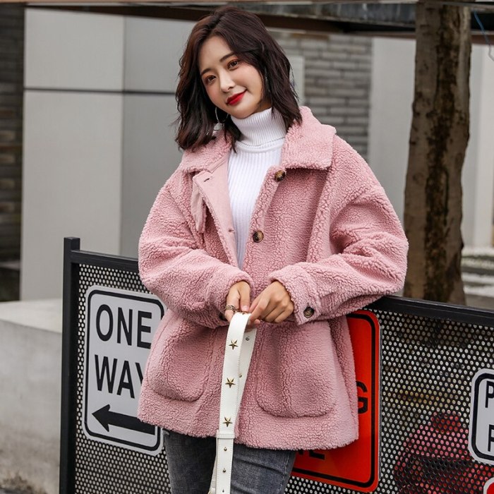Faux Fur Fleece Button Oversized Thick Warm Pink Coat