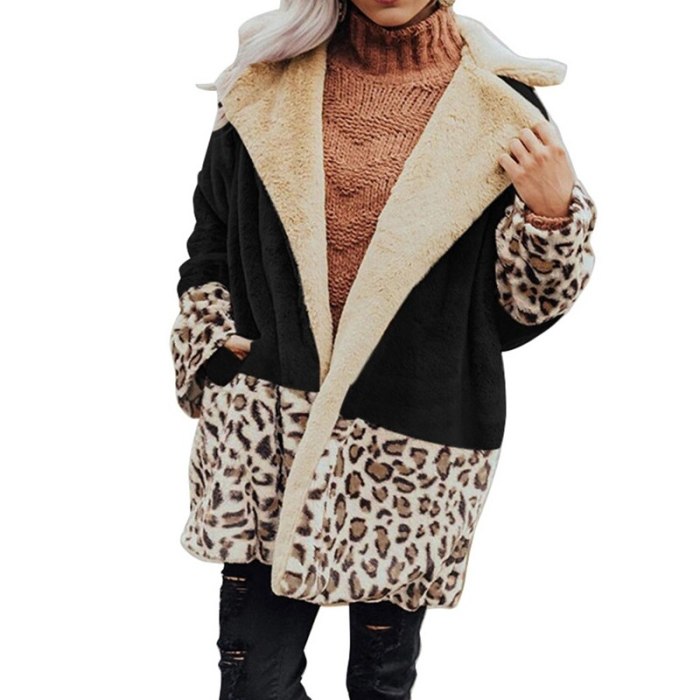 Winter Leopard Print Mid-Long Patchwork Long Sleeve Warm Woman Outerwear