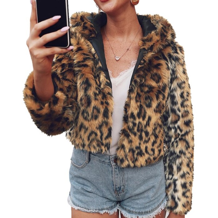 Leopard Printed Faux Fur Winter Coat Women Outerwear Warm