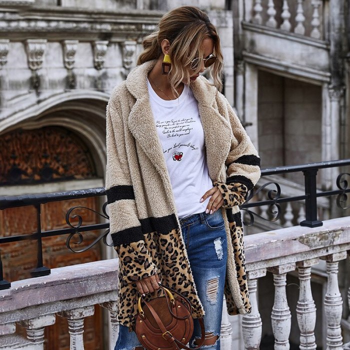 Autumn and Winter New Casual Leopard Print Length Loose And Comfortable Plush Women's Jacket