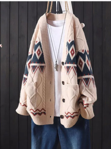 Knitted Cardigan Women's Sweater Retro Autumn and Winter New Loose Casual Embroidery Buttoned Long-Sleeved