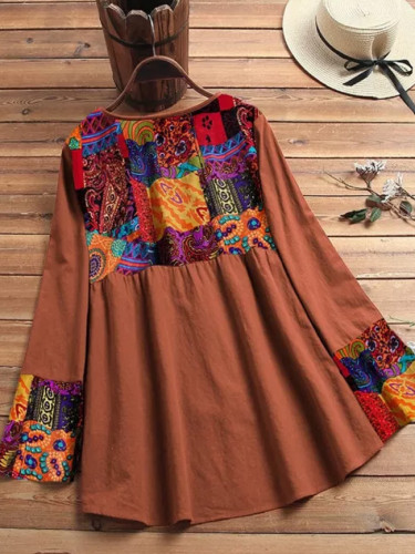Women Vintage Ethnic Floral Print Patchwork Casual Tops