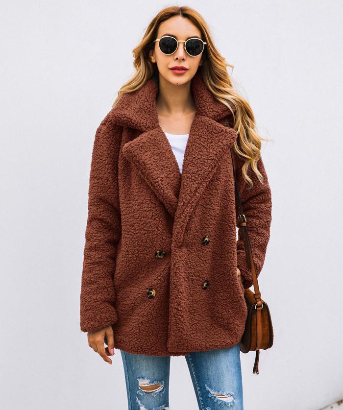 Winter Women Suit Collar Buttons Pockets Thick Woolen Coats