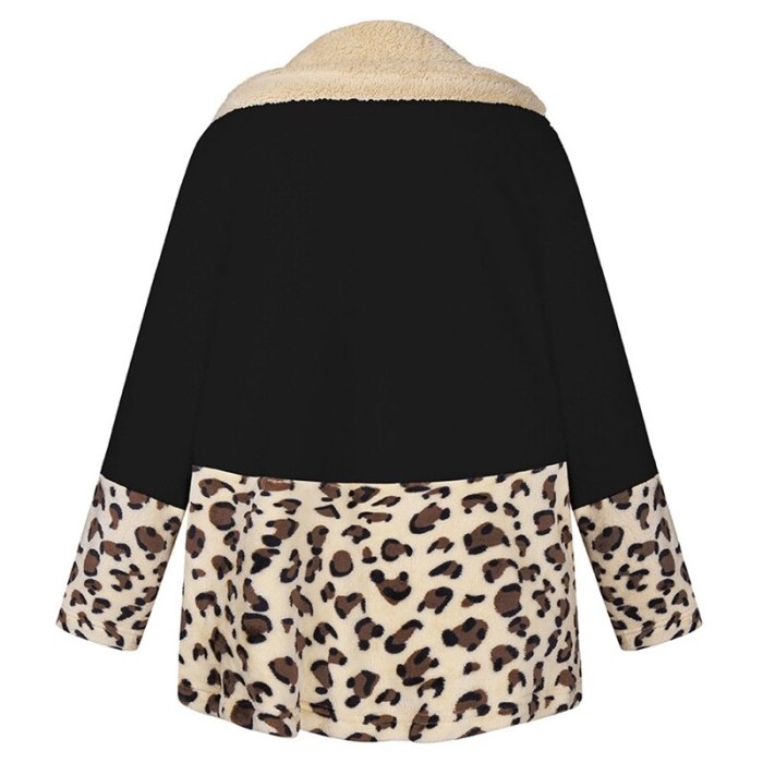 Winter Leopard Print Mid-Long Patchwork Long Sleeve Warm Woman Outerwear
