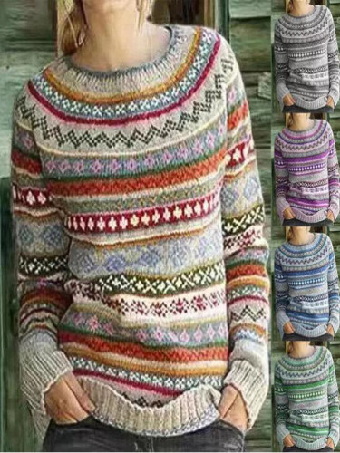 Ladies Fashion Casual Round Neck Vintage Jacquard Sweater