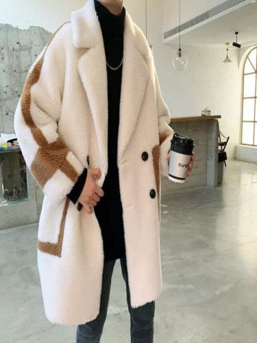 Popular  Lamb Hair Hit Color Thick Mid-length Cotton Coat