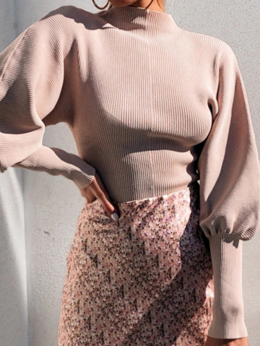 Fashion Turtleneck Women Casual Solid High-necked Long Lantern Sleeve Sweater